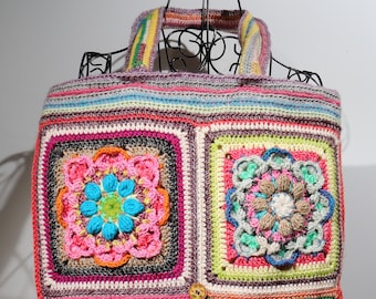 Crochet Rectangular Bag with Handles Composed of Granny Squares