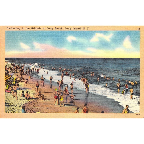 Vintage Postcard Swimming in the Atlantic at Long Beach Long Island NY c1940s New Old Stock Unused Postcrossing