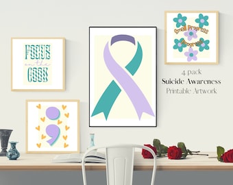 Suicide Awareness Printable Wall Art, Mental Health Awareness, Teal and Purple, Semicolon, Inspirational Décor, Recovery and Wellness Print