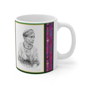 Elderly Woman Sketch Mug | Hand-Drawn Portrait with Purple Textile Stripe