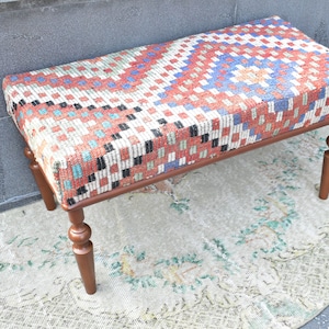 Ottoman bench, Footstool, Wooden pouf, Handmade furniture, Turkish rug bench, Home decor, Bedroom bench, Boho decor, Handmade bench