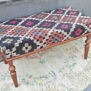 Ottoman bench, Footstool, Wooden pouf, Handmade furniture, Turkish rug bench, Home decor, Bedroom bench, Boho decor, Handmade bench