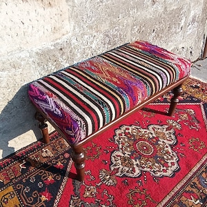 Pouf, Bench, Footstool, Ottoman, Wooden pouf, Handmade furniture, Turkish rug bench, Home decor, Dining room bench, Boho decor, Handmade