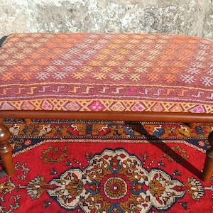 Pouf, Bench, Footstool, Ottoman, Wooden pouf, Handmade furniture, Turkish rug bench, Home decor, Dining room bench, Boho decor, Handmade