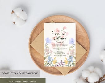 Invitación de baby shower con flores silvestres / Invitación floral bohemia editable / Plantilla rústica para baby shower / Descarga instantánea / Baby shower de primavera