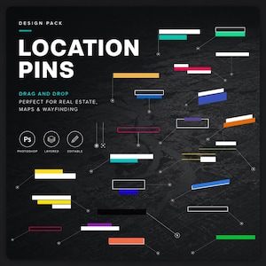 May include: A digital design pack titled LOCATION PINS featuring various rectangular callout elements in multiple colors including teal, yellow, blue, orange, and purple. The graphic includes text labels, Photoshop icons, and thin connector lines.