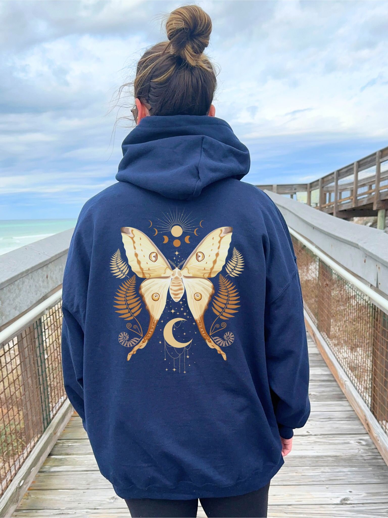 Cottagecore Botanical Luna Moth Hoodie Celestial Moon Sweatshirt Dark