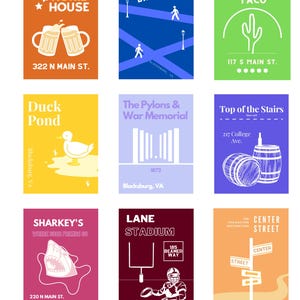 May include: Nine colorful posters with minimalist designs. Each poster features a different theme, including a bar, a stadium, and a taco restaurant. The posters have text and illustrations, with addresses and names.