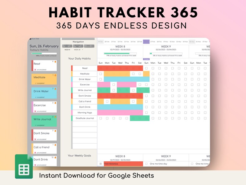 365 Days Habit Tracker Spreadsheet | ADHD Colorblock Design | Simple ...