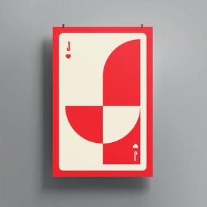 Arte de pared de Jota de Corazones / Impresión art déco moderna que presenta la icónica carta Jota de Corazones en un diseño atrevido y llamativo • Descarga digital