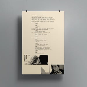 May include: A beige poster with black text and three black and white photographs. The text appears to be a script. The photographs show two people looking at each other and a man looking at the viewer.