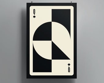 May include: A black and white playing card with a geometric design. The card is the Queen of Spades.