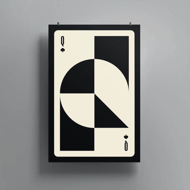 May include: A black and white playing card with a geometric design. The card is the Queen of Spades.
