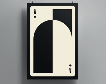 May include: A black and white illustration of the Ace of Spades playing card. The card features a geometric design with a black circle and a white circle.
