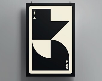 May include: A black and white geometric design of a playing card, the King of Clubs. The card has a black background with a white K in the bottom right corner and a white club symbol in the top left corner.