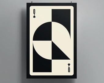 May include: A black and white playing card with a geometric design. The card is a Queen of Clubs. The Queen is represented by a circle with a black and white design.