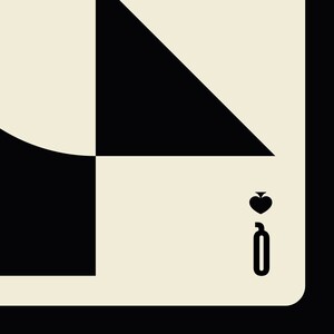May include: A black and white playing card with a geometric design in the background. The card is a Queen of Spades.