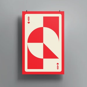 Arte de pared de la Reina de Corazones / Impresión art déco moderna que presenta la icónica carta de la Reina de Corazones en un diseño atrevido y llamativo • Descarga digital