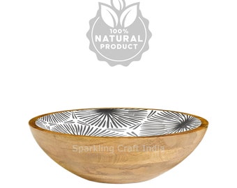 Handmade Mango Wood Bowl: Green Leaf Enamel Print, Sustainable Decor
