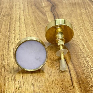 Marbled White Stone Cupboard Door Knob / Circular Stone and Brass Drawer Pull / Contemporary Knobs / Solid Door Knob / Solid Marble Pull