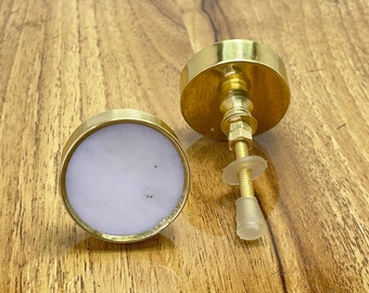 White Marbled Stone Knob, Brass Drawer Pull, Contemporary Hardware