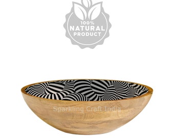 Handcrafted Mango Wood Salad Bowl | Green Enamel Print Interior
