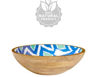 Handmade Mango Wood Salad Bowl, Green Enamel Interior
