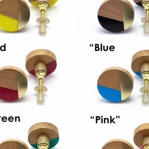 Geometric Wood Brass Cabinet Knob, Colorful Dresser Pull