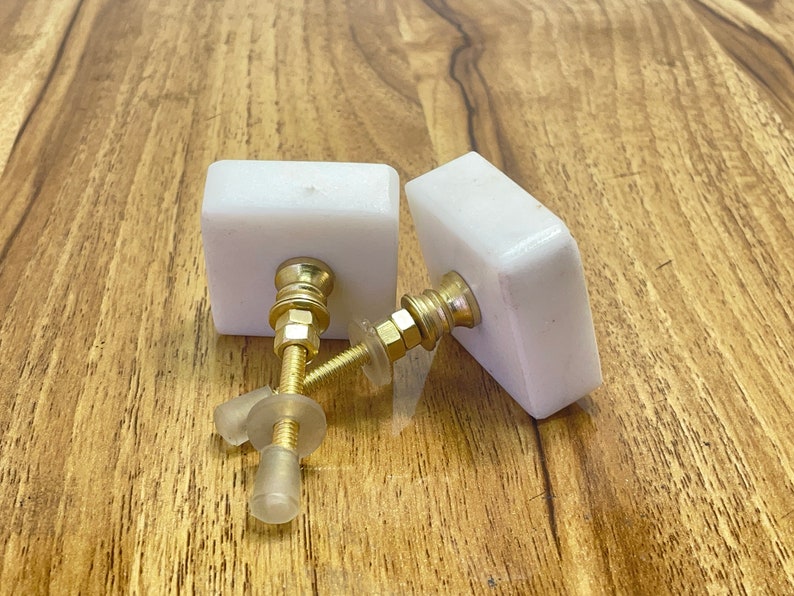 Marble Natural Stone Square Brass Drawer Door Knobs White Stone / Cupboard Handles / Drawer Pulls / Kitchen Replacement / Stone Knob