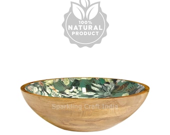 Hand Carved Mango Wood Bowl, Green Leaf Enamel Print