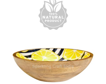 Handmade Mango Wood Bowl, Green Leaf Enamel Print – Rustic Home Decor