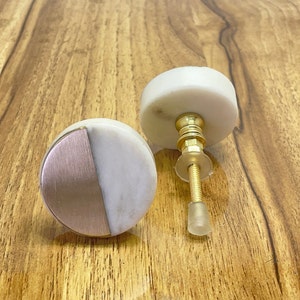 Solid Marble and Brass Cupboard Door Handle / Circular White Marble and Gold Brass Drawer Pull / Solid Door Knob / Solid Marble / Stone Pull