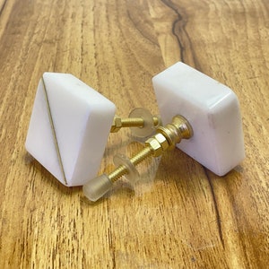 Marble Natural Stone Square Brass Drawer Door Knobs White Stone / Cupboard Handles / Drawer Pulls / Kitchen Replacement / Stone Knob