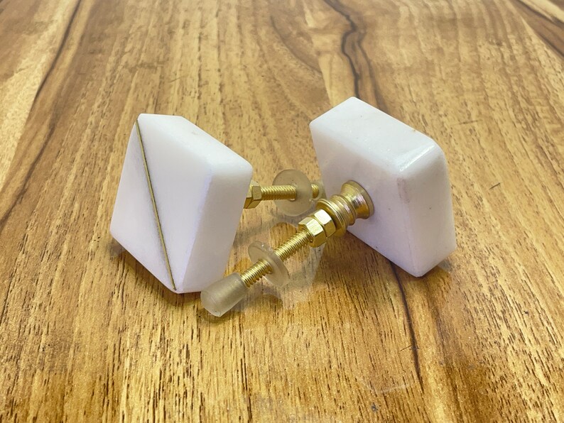 Marble Natural Stone Square Brass Drawer Door Knobs White Stone / Cupboard Handles / Drawer Pulls / Kitchen Replacement / Stone Knob