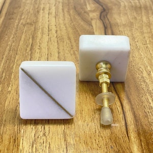 Marble Natural Stone Square Brass Drawer Door Knobs White Stone / Cupboard Handles / Drawer Pulls / Kitchen Replacement / Stone Knob