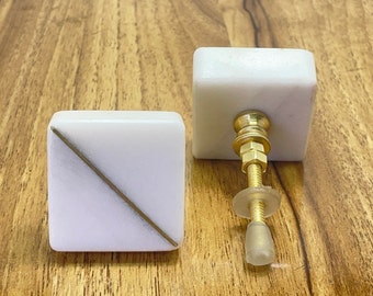 Marble Natural Stone Square Brass Drawer Door Knobs White Stone / Cupboard Handles / Drawer Pulls / Kitchen Replacement / Stone Knob