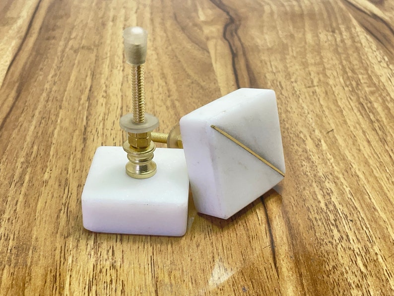 Marble Natural Stone Square Brass Drawer Door Knobs White Stone / Cupboard Handles / Drawer Pulls / Kitchen Replacement / Stone Knob