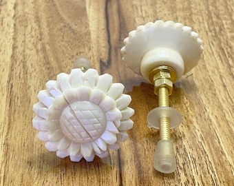 Bone Inlay Cabinet Knob, Floral Carved Drawer Pull