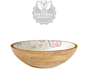 Handmade Mango Wood Bowl: Enamel Leaf Print, Rustic Decor
