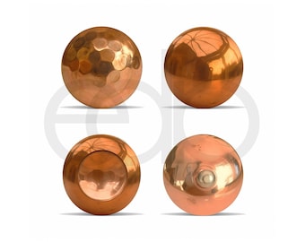 May include: Four copper spheres with varying surface textures and finishes. One sphere has a hammered, dimpled pattern, while others are smooth and reflective. The spheres are a warm, metallic color, and are displayed against a white background.
