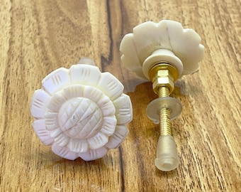 White Floral Bone Inlay Cabinet Knob, Handmade Brass Base