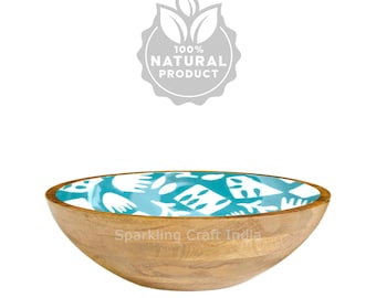 Handmade Mango Wood Bowl, Green Enamel Print, Boho Decor