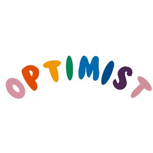 Op de afbeelding: Het woord "OPTIMIST" is geschreven in een regenboog van kleuren, waarbij elke letter een andere kleur heeft. De letters zijn gestileerd en licht gebogen, waardoor het woord een speelse en fantasierijke uitstraling krijgt.