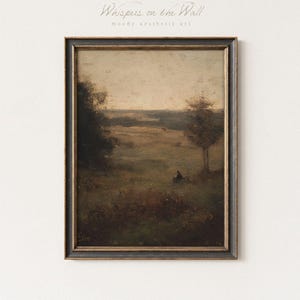 Puede incluir: Una pintura de paisaje antigua en un marco de madera oscura. La obra de arte representa una escena al aire libre serena con árboles, campos y una figura. El texto "Whispers on the Wall" y "moody aesthetic art" es visible en la parte superior.