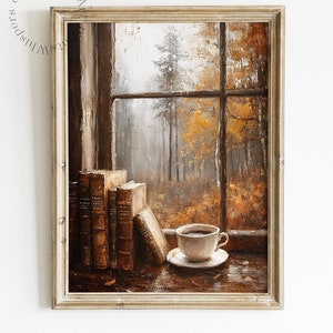 Arte de parede para impressão de café de outono, decoração de academia leve, pintura a óleo literária, arte digital cottagecore, impressão de arte de livro temperamental