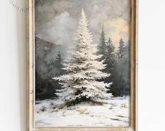 White Pine Tree Print, Vintage Printable Wall Art, Moody Christmas Decor, Snowy Landscape Art, Forest Painting, Holiday Digital Art