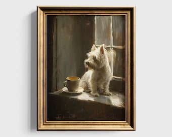 Dog Art Print, Moody Gothic Decor, Coffee Art, Dark Academia Printable Wall Art, Dog Lover Gift, West Highland White Terrier Digital Art