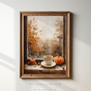 Herbstkaffee druckbare Wandkunst, gemütliches Dekor, neutrales Herbstölgemälde, Cottagecore digitale Kunst, stimmungsvolle Danksagungskunst Kunstdruck