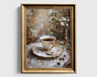 Neutral Coffee Art Moody Victorian Oil Painting Kitchen Wall Art Coffee Lover Gift Coffee Bar Decor Housewarming Art Print