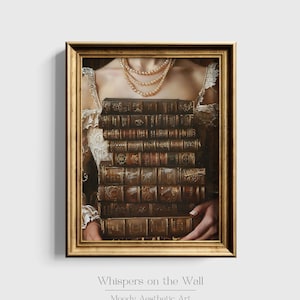 May include: A framed painting depicting a woman holding a stack of antique books against her chest. The books are bound in brown leather with gold lettering. The woman is wearing a white lace dress and a pearl necklace. The painting is titled "Whispers on the Wall" and is described as "Moody Aesthetic Art".